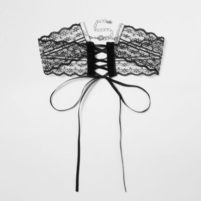 Black lace corset tie front choker